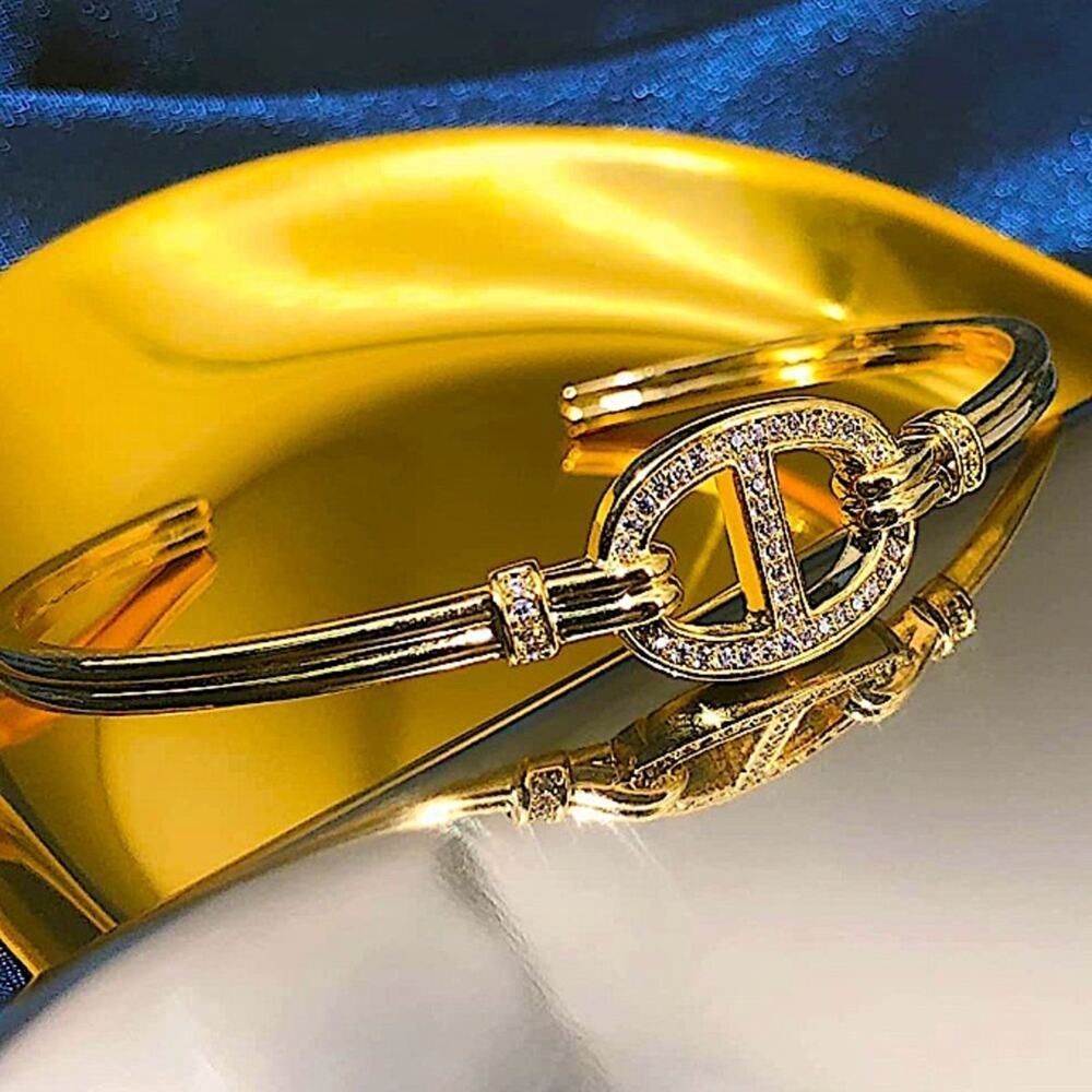 Gold Plated Mariner Coffee Bean Zircon Bangle Cuff Bracelet